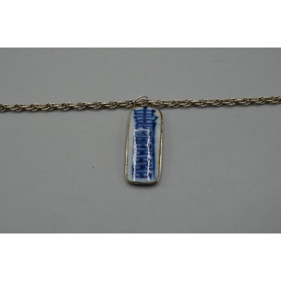 Blue & White Bar Pendant Rope Chain Necklace Sterling Silver 15.5" Chinese Asian - Picture 3 of 11